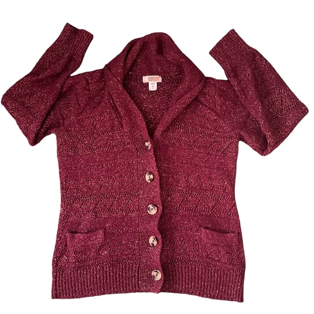 Red Shimmer Button Up Sweater